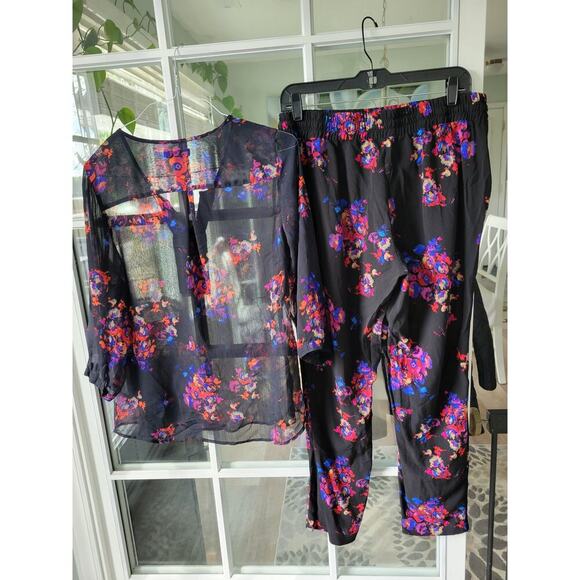 Black Floral Print Blouse Pant set size Large Coldwater Creek - Picture 2 of 4